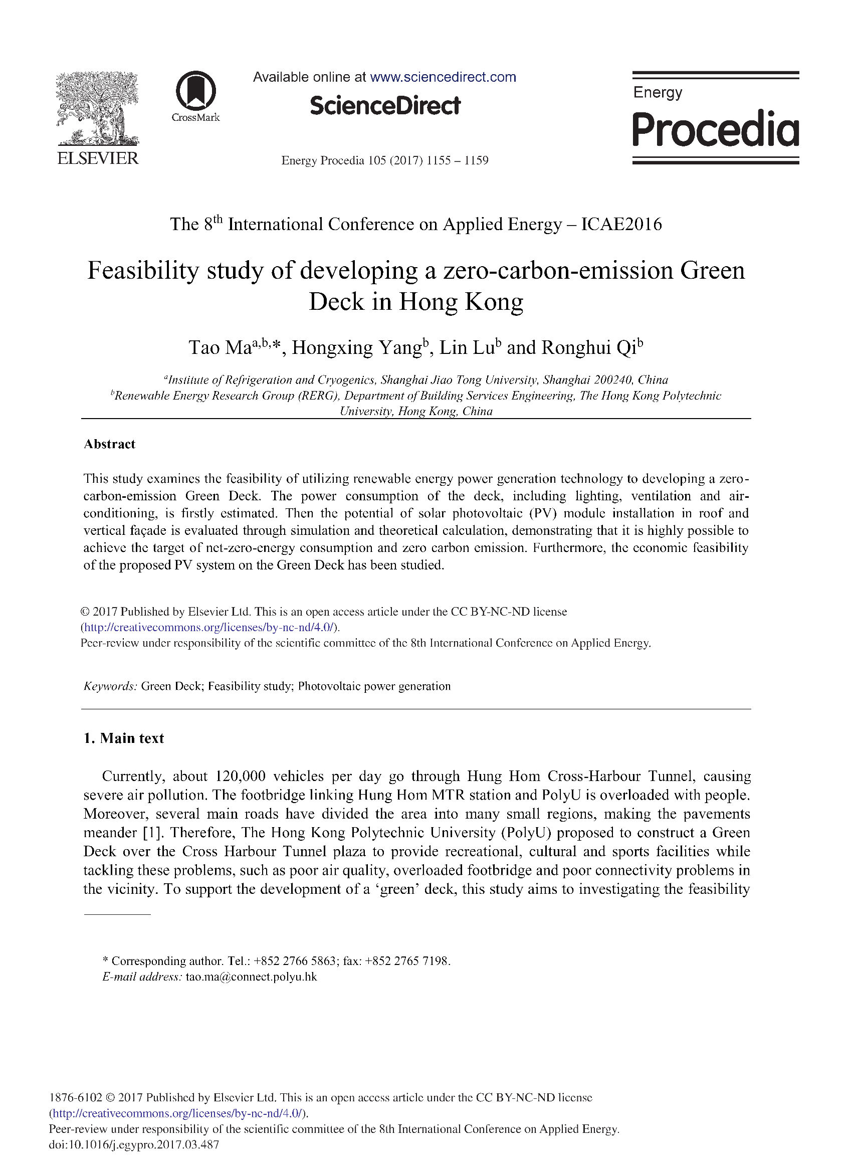 Feasibility study of developing a zero-carbon-emission Green Deck in Hong Kong