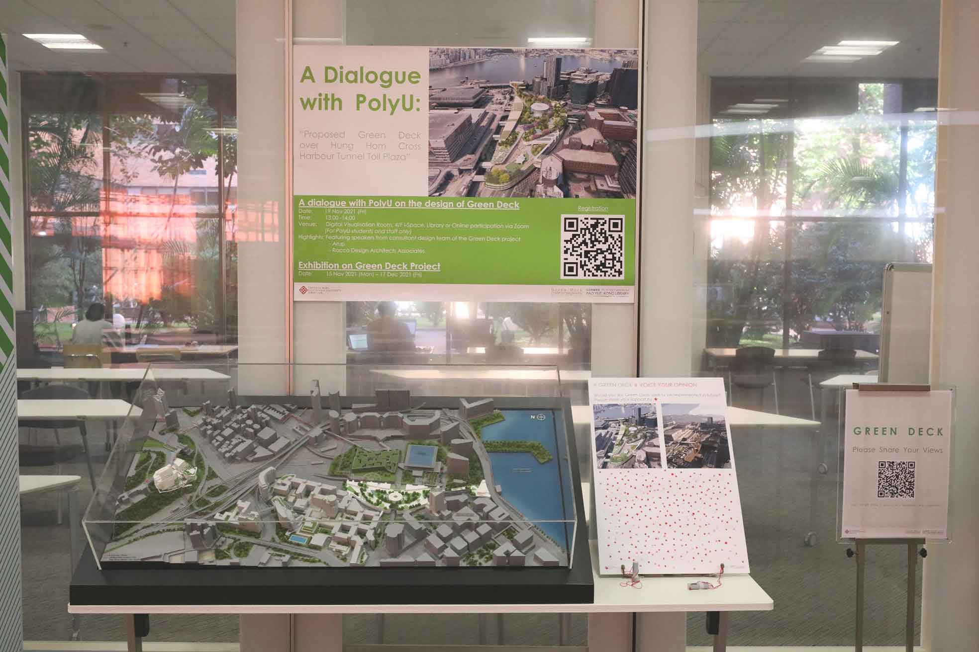 Exhibition on Green Deck Project<br/>
Date: 15 Nov 2021 (Mon) - 17 Dec 2021 (Fri)<br/>
Venue: P/F, Library, The Hong Kong Polytechnic University<br/>
is a part of "A Dialogue with PolyU on the Design of Green Deck"